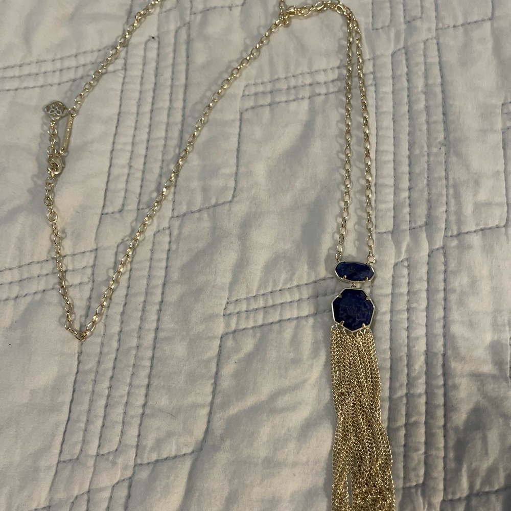 Kendra Scott Gold Tassel Necklace with Navy Blue Stones